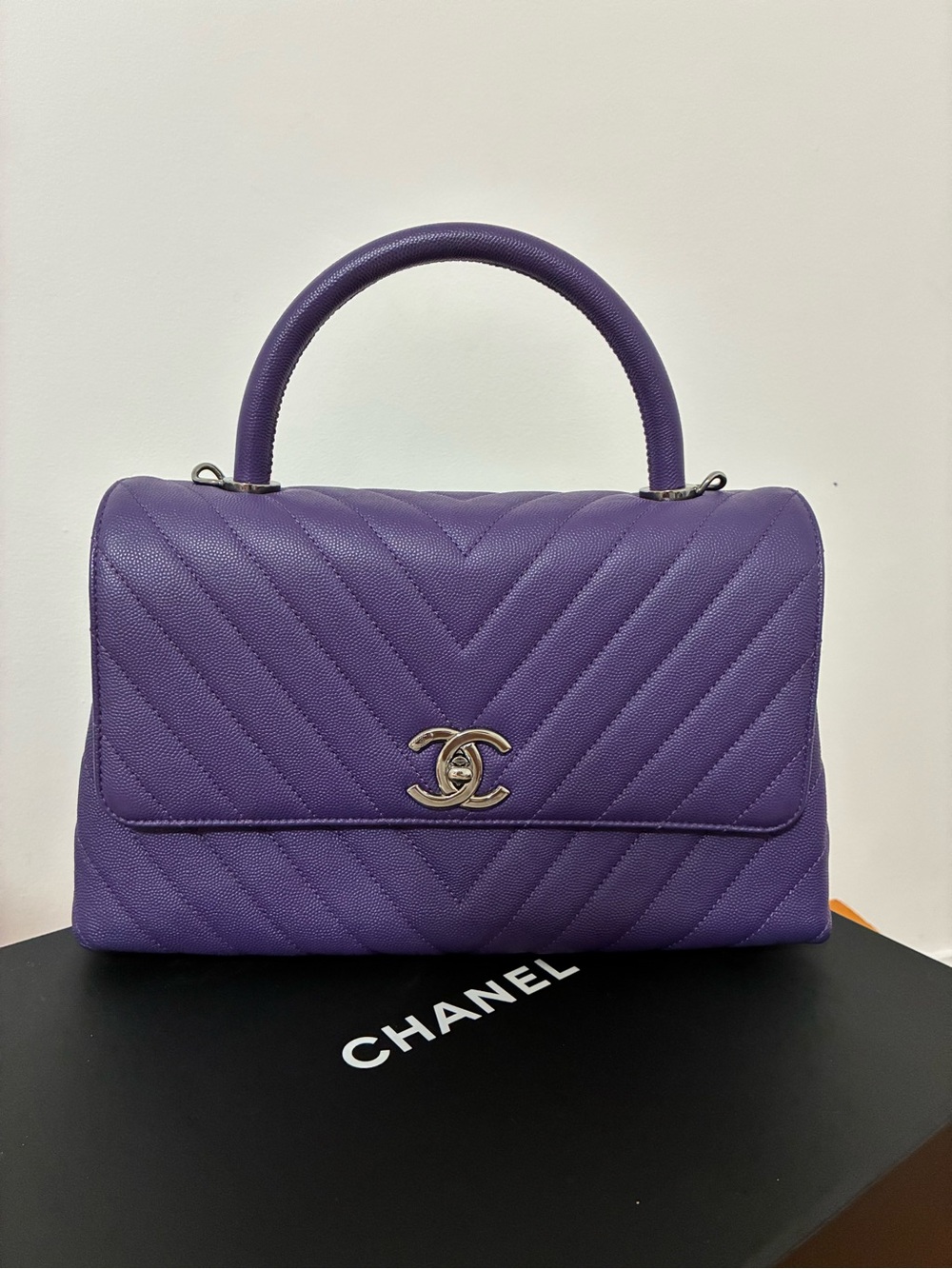CHANEL Purple Chevron Top Handle Satchel with Silver Hardware